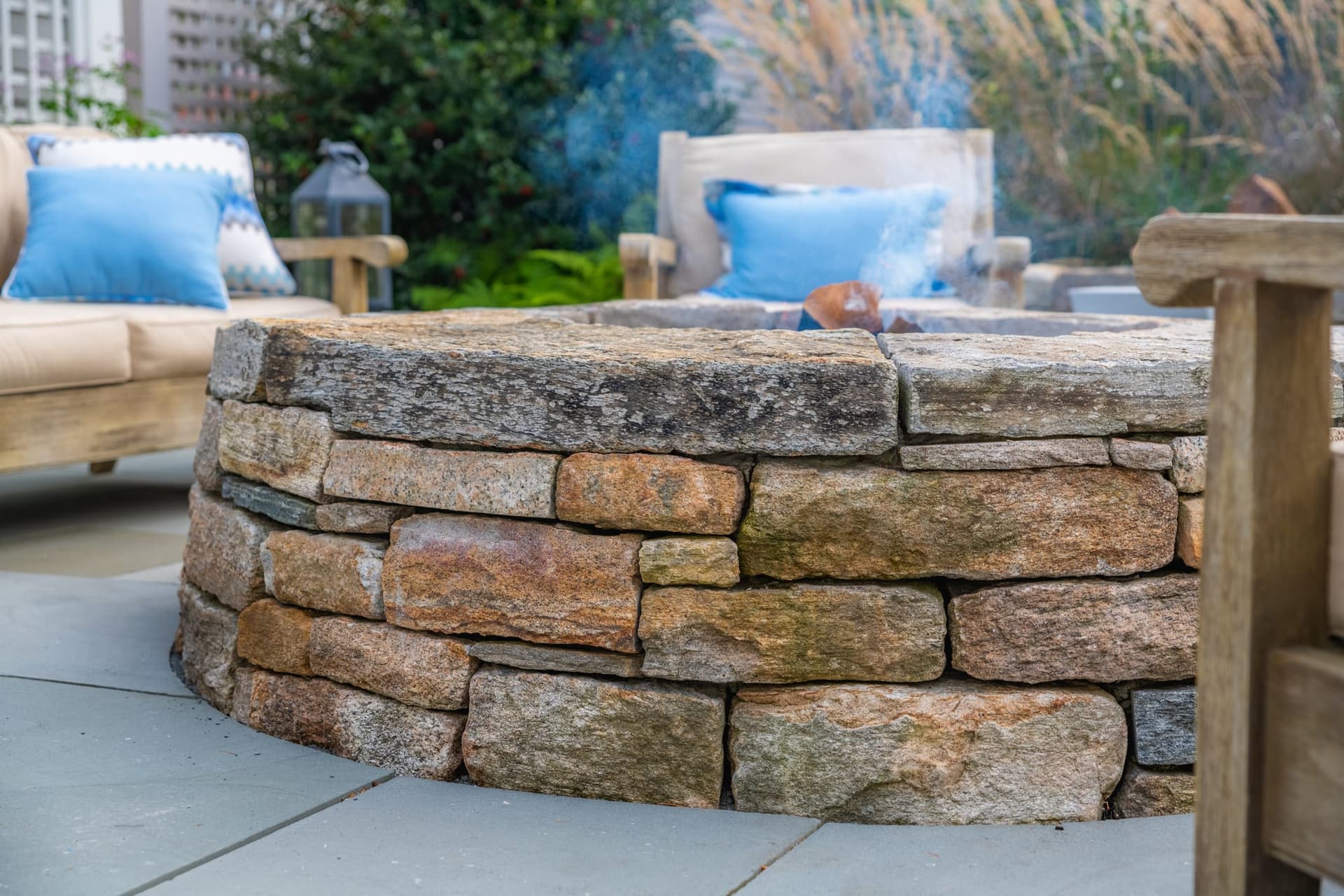 Cornell Road — dry-laid fieldstone fire pit, close detail, in Wellesley, MA