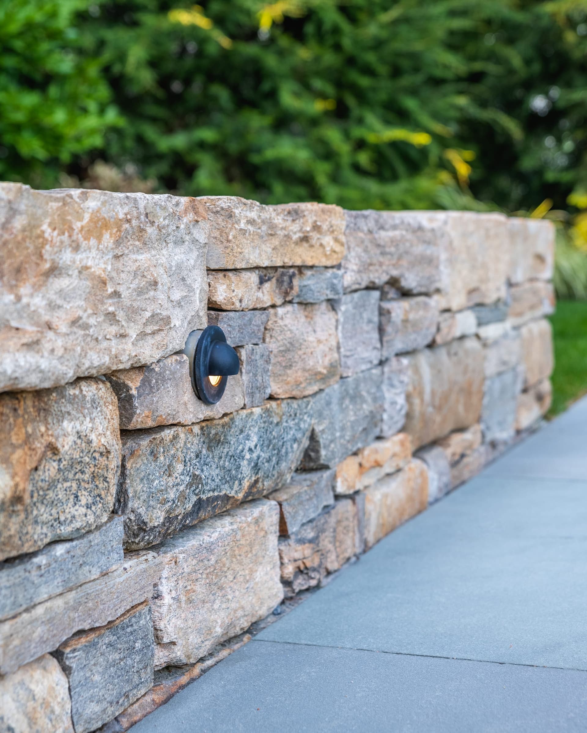Cornell Road — dry-laid stone wall with recessed lighting in Wellesley, MA