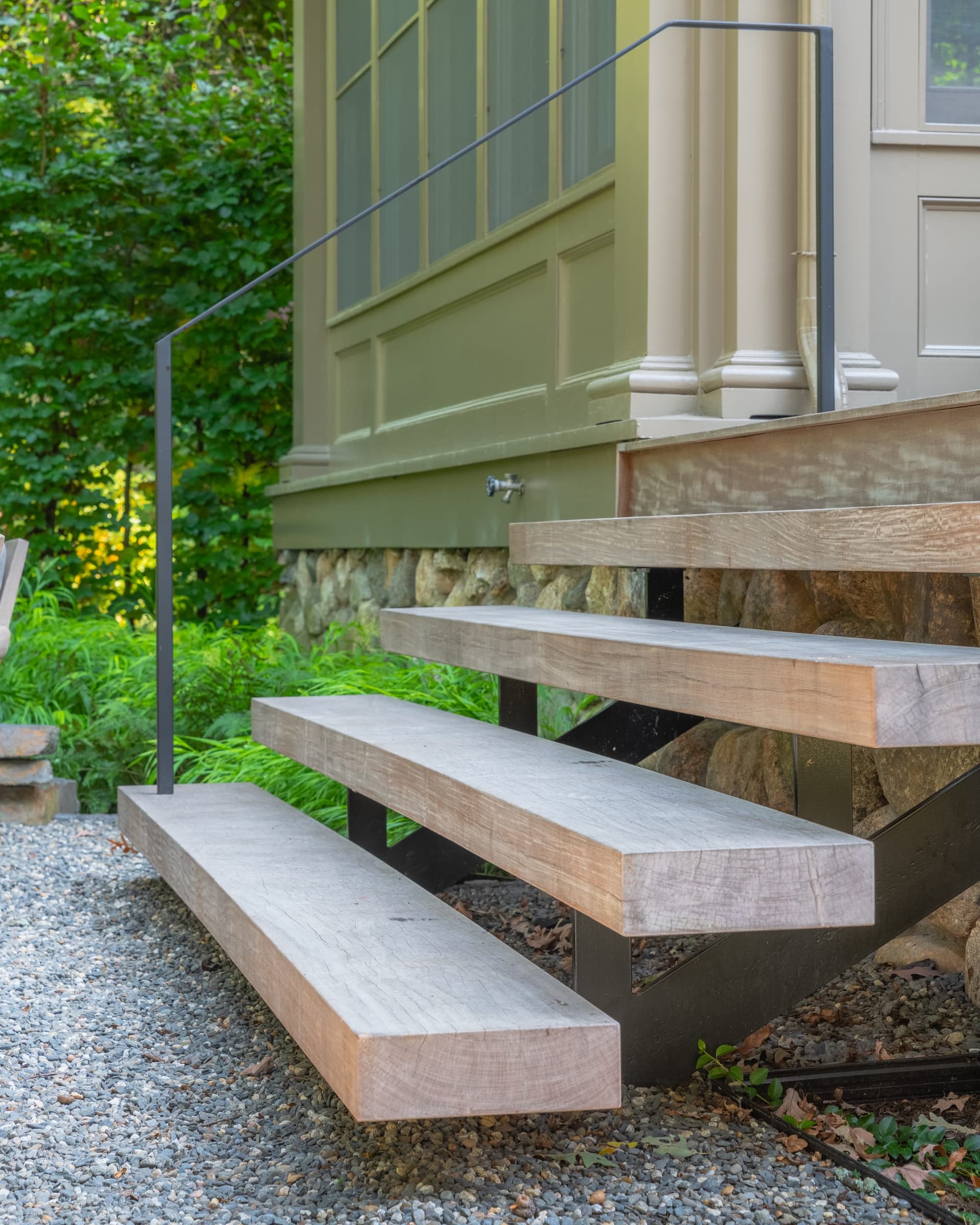 Circuit Road — stone-faced foundation and timber steps in Chestnut Hill, MA