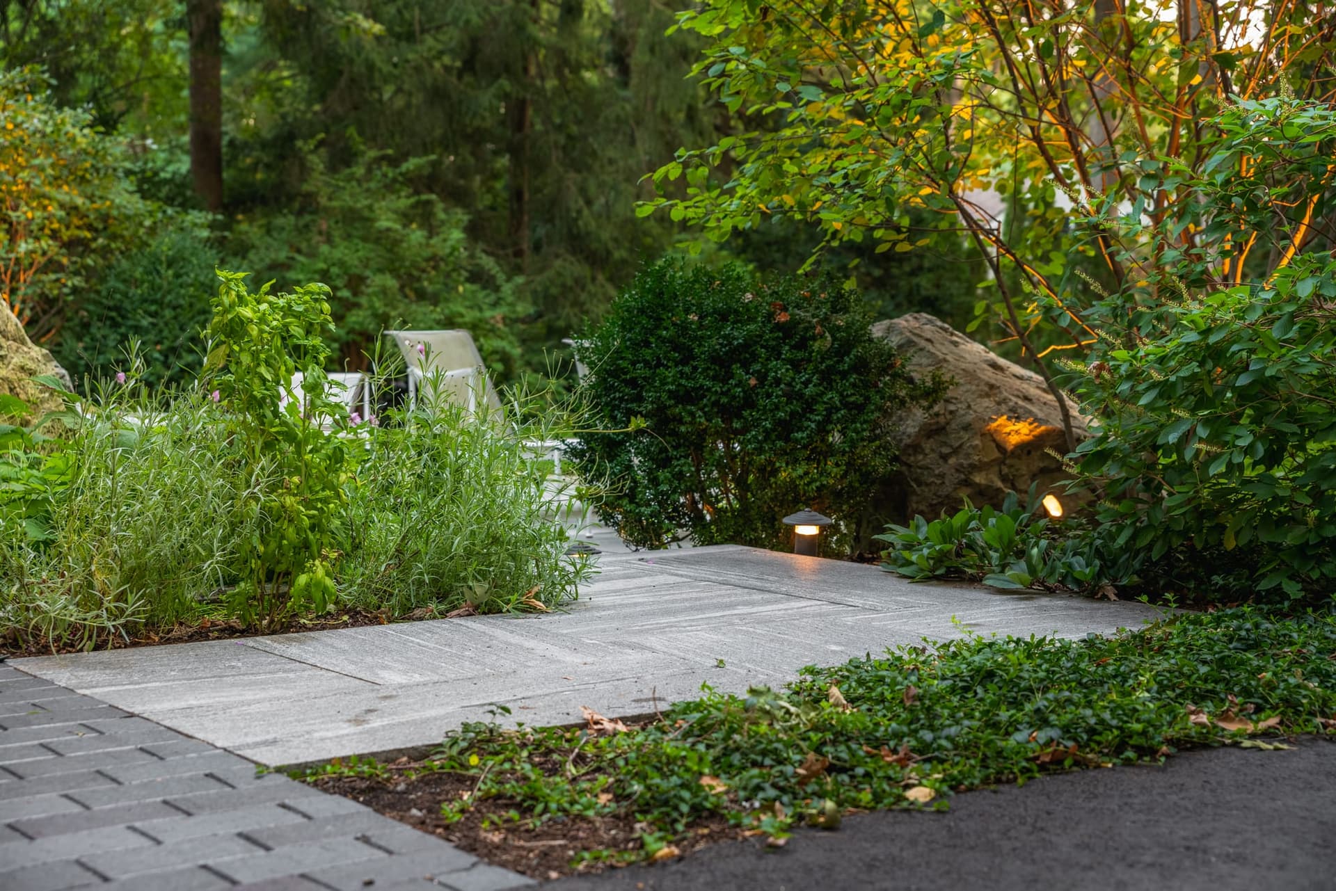 Abbott Road — bluestone walkway threading the plantings in Wellesley, MA