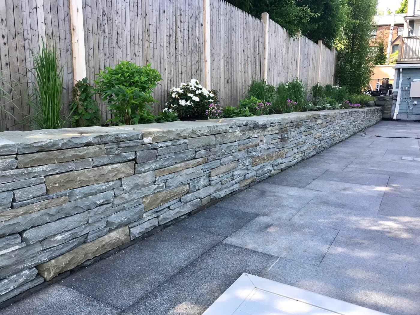 Fieldstone garden wall in Brookline, MA