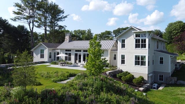 Aerial view of a New England estate landscape built by Cleiton Landscape & Masonry
