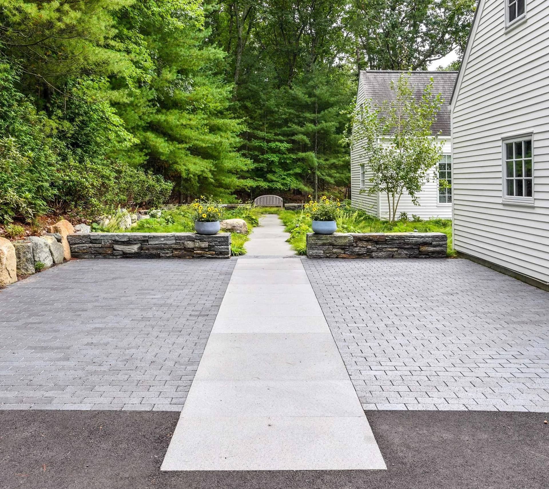 Wide bluestone walkway in Weston, MA